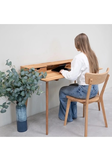Nordic Mini Çekmece Detaylı Masif Ahşap Çalışma Masası Ceviz