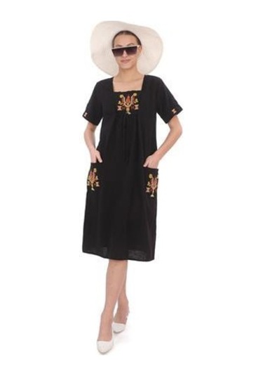 Yarım Kol Yuvarlak Yaka İşlemeli Keten Elbise-9166 Siyah