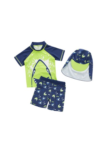 Upf50+ Güneş Korumalı Şort T-shirt Şapka Mayo Set Neon Yeşil Laci Shark Yeşil