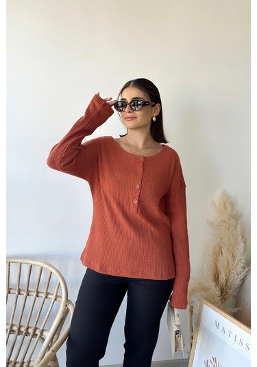 Kadın Kiremit Yumuşak Dokulu, Düğmeli Bisiklet Yaka, Regular Kesim Triko Kazak, Bluz Kiremit