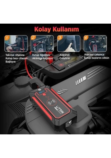 Utrai Jstar 4 24000mAh 2500A Jump Starter Taşınabilir Akü Takviye Cihazı (Kablosuz Şarj + Pusula + Çanta + Led Lamba + Powerbank)