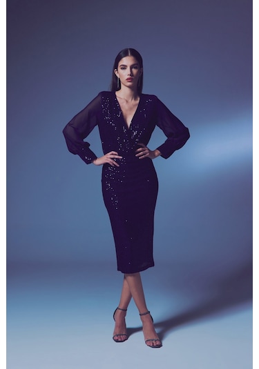Sateen Payet Detaylı Kalem Etek - Lacivert-134245 Lacivert
