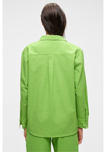 RIGO Kadın Gömlek Yaka Uzun Kol Regular Uzun İnce Yeşil Gömlek
