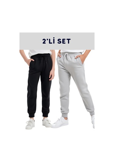 2'lü Düz Baskısız Jogger Çift Cepli Çocuk Eşofman Altı Siyah - Gri
