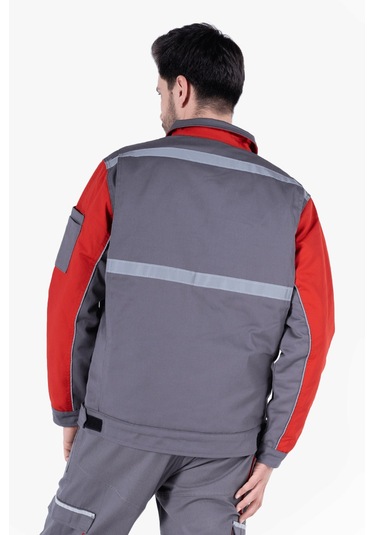 İş Montu Reflektörlü Cepli Kapitoneli Gri - Kırmızı