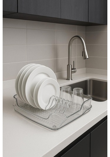 Şeffaf Akrilik Tabaklık Bulaşıklık Düzenleyici 2 Parça 37x38x7 Cm Şeffaf