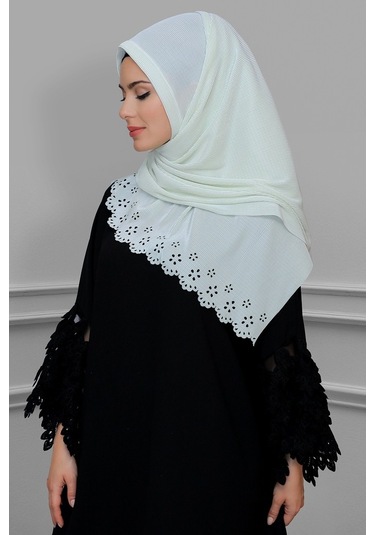 Krem Pratik Hazır Geçmeli Tesettür Eşarp Fukuro Piliseli Çiçek De (545491389) Krem