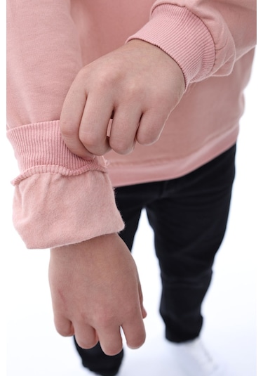 Basic Bisiklet Yaka Şardonlu Çocuk Sweatshirt 3-10 Yaş Pudra Pudra