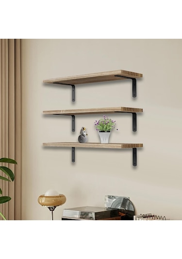 Suntek 3 Adet Duvara Monte Ahşap Yüzer Raflar Banyo Kahverengi