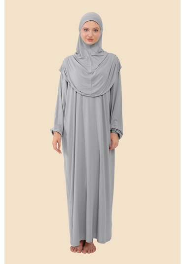 Tek Parça Tesettür Namaz Elbisesi Tak Çıkar Başörtülü Organik Pamuklu Lastikli Kolu Kaymaz Penye Gri