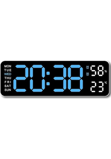 Beyaz & Mavi 9 İnç Büyük Dijital Duvar Saati Sıcaklık Nem Hafta Otomatik Kısılabilir Masa Saati 12/24h Elektronik Led Çalar Saat Fonksiyonu