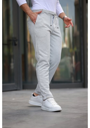 Erkek Beli Bağcıklı Duble Paça Örme Pamuklu Kumaş Jogger Pantolon Gri