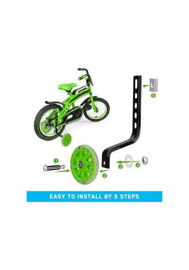 Samdoo 12-20 İnç Bisiklet Denge Tekerlekleri, Işıklı Yeşil Tekerlekler, Çelik Konstrüksiyon, Tam Aksesuar Seti Araçlar, Zil Dahil Yeşil