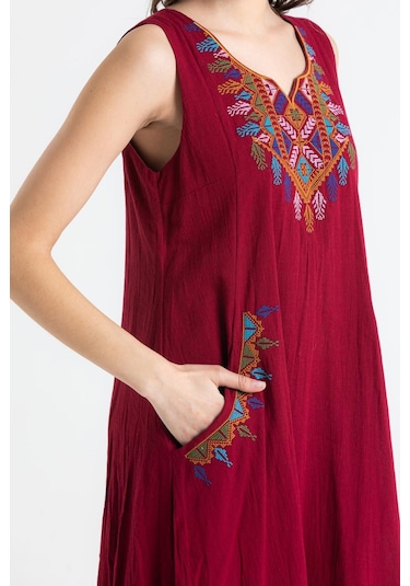 Kolsuz Şile Bezi Antik Nakışlı Midi Boy Elbise Bordo Brd-bordo Bordo