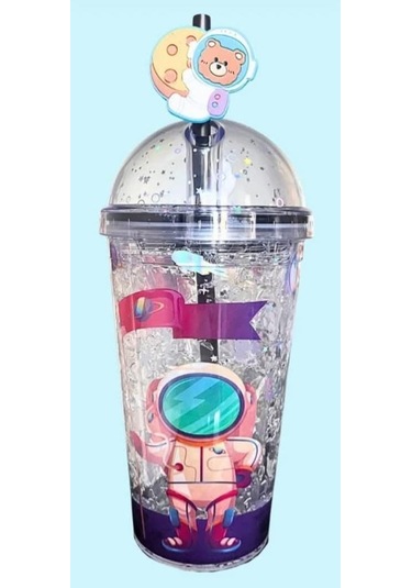 Pipetli Bardak Matara Sevimli Suluk 450 Ml Çift Astronot Figürlü Mor