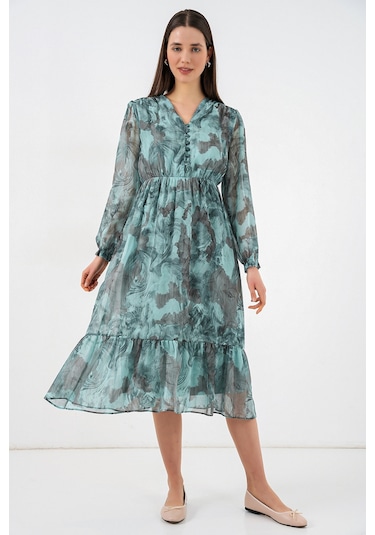 Bigdart 2137 Desenli Şifon Elbise - Mint Yeşili