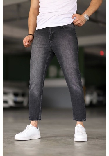 Erkek Boyfiend Taşlama Koyu Füme Kot Pantolon Koyu Füme