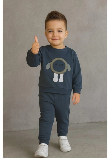 Erkek Çocuk Nakışlı İki Parça Eşofman Takımı %100 Pamuk Füme