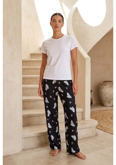 Remsa Kadın Viskon Kumaş Desenli Penye Tek Pijama Alt 41 Siyah05