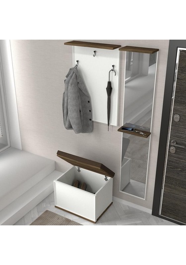 Dekorister Lonya Aynalı Sandıklı Puflu Portmanto Beyaz-Ceviz