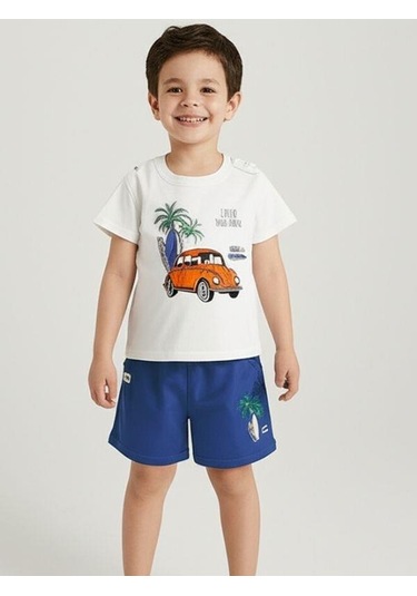 Erkek Bebek Pamuklu Araba Baskılı Şortlu Takım-15827 Beyaz