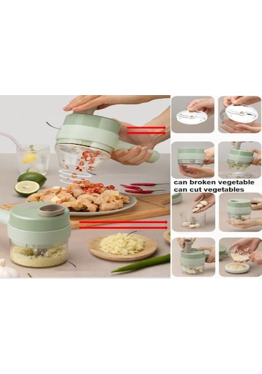 Mufunye El Tutan Kablosuz Elektrikli Mutfak Aleti: 4 Fonksiyonlu Sebze Dilimleyici, Sarımsak Kesici Ve Omlet Karıştırıcı - Yeşil