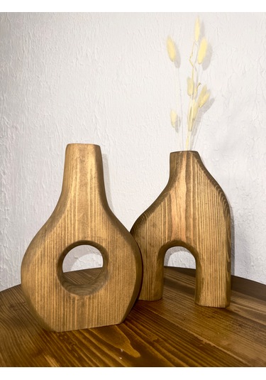 O&a Wood Doğal Ahşap Dekoratif Ikili Takım Biblo Vazo Koyu Meşe