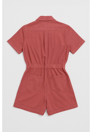 Kadın Kısa Kollu Fermuarlı Beli Lastikli Jean Tulum Şort Pembe