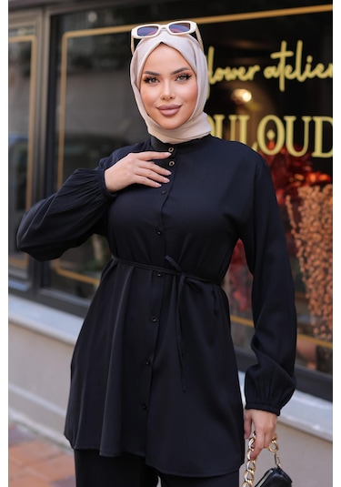 Hakim Yaka Detaylı Tesettür Siyah Takım Siyah