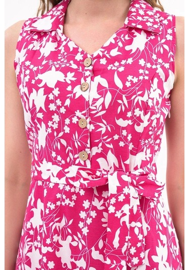 Apsen Kadın Fuşya Düğme Detaylı V Yaka Cotton Elbise4405-105 Fuşya