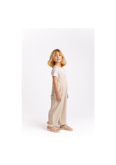 Unisex V Yaka Paça Lastikli Keten Salopet Naturel Naturel Bej