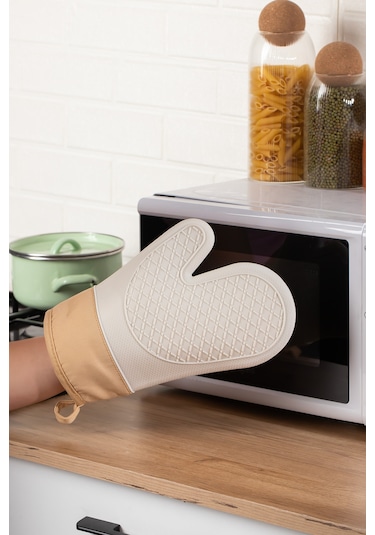 Porsima 3137 Silikon Yanmaz Yapışmaz Fırın Eldiveni Krem Krem