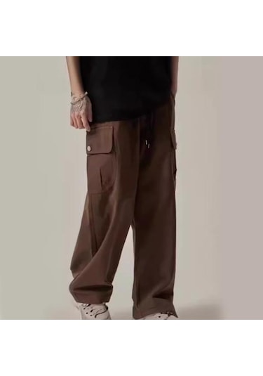 Çok Cepli Amerikan Tarzı Düz Geniş Paça Gevşek Bağcıklı Elastik Bel Erkek Kargo Pantolon Seyahat Günlük Kullanım İçin Sokak Pantolonu Siyah Çok Cepli Amerikan Tarzı Düz Geniş Paça Gevşek Bağcıklı Elastik Bel Erkek Kargo Pantolon Seyahat Günlük Kullanım İçin Sokak Pantolonu Siyah