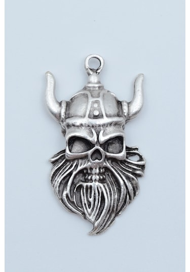 Viking Sakallı Kuru Kafa Gümüş Kaplama Kolye Ucu Kod 1348 Gri