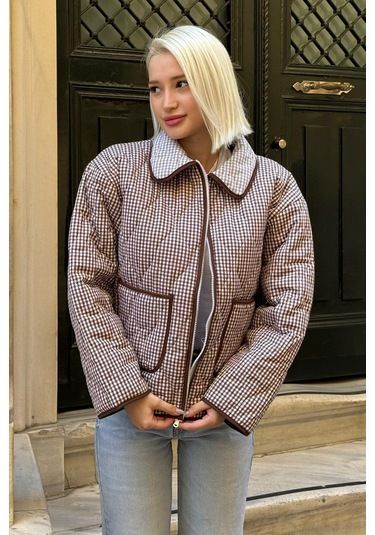 Kahverengi Pötikareli Cepli Kadın Mont Mg2488 Kahverengi