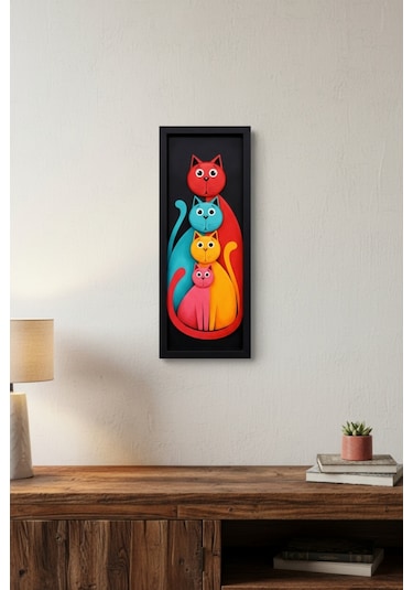 Modern Renkli Kedi Tablosu 25x60 Cm Çerçeveli Minimal Duvar Dekoru