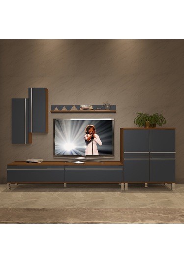 Decoraktiv Eko 6 Mdf Std Krom Ayaklı Tv Ünitesi Tv Sehpası Ceviz - Antrasit