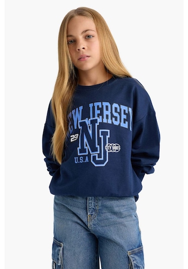 Defacto Kız Çocuk Relax Fit Bisiklet Yaka Baskılı Sweatshirt E8894a825aunv241 Lacivert
