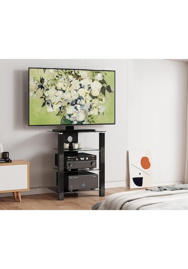 Fitueyes Tv/hifi Rafı, Cam & Alüminyum, Ayarlanabilir, 570 420 739 Mm Tv Ünitesi Siyah