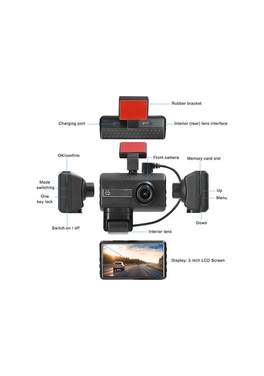 Novahub 1080p Dvr Çift Kamera Dash Kamera, Ön-iç, 3 Ekran, 170 Geniş Açılı, Gece Görüş, G-sensörü, Döngü Kaydı, Ses Kaydı