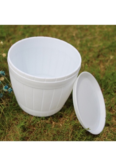 Sones 10 Adet Taklit Ahşap Fıçı Plastik Reçine Saksı Tepsili, Üst Çap: 16cm, Yükseklik: 13.5cm Beyaz