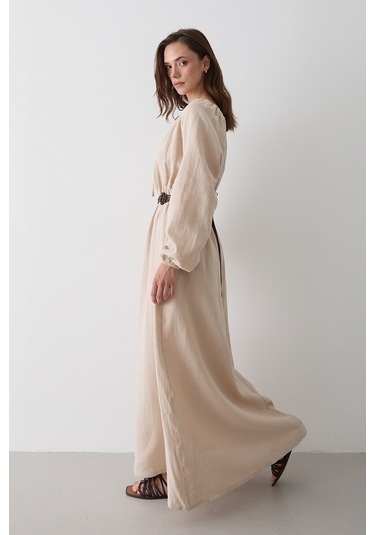 Natural Bağlama Detaylı Müslin Elbise - 2004 Natural