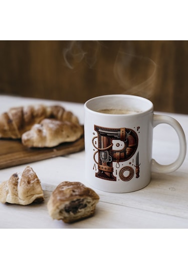 P Harfi Kovboy Temalı Bardak 330 Ml İsim / Harf Kişiye Özel Hediye - Vahşi Batı Konsept Beyaz