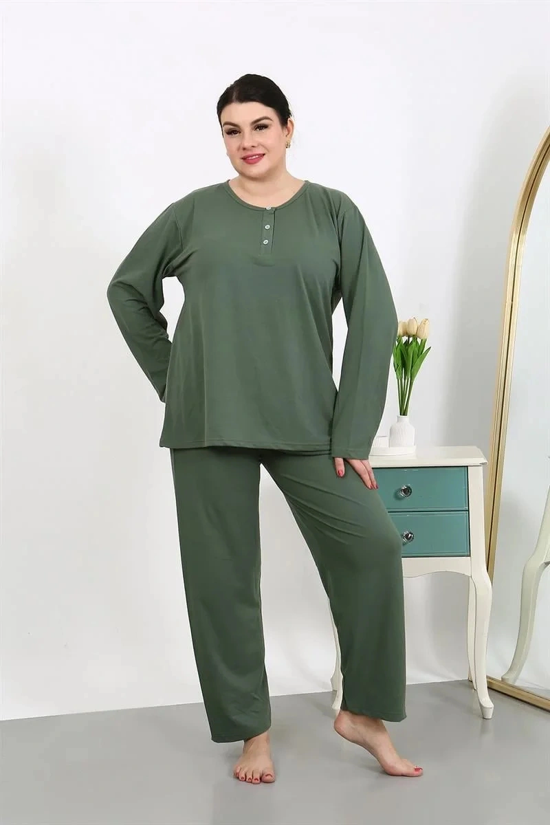 Moda Kadın Büyük Beden Uzun Kol Penye Pijama Takımı Haki Haki