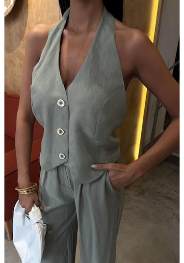Moderie Butik Halter Yaka Yelekli Modal Takım 10144 Oli Ve