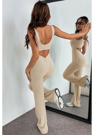 Kadın Bej Yivli Sırtı Açık İnce Tulum Bej