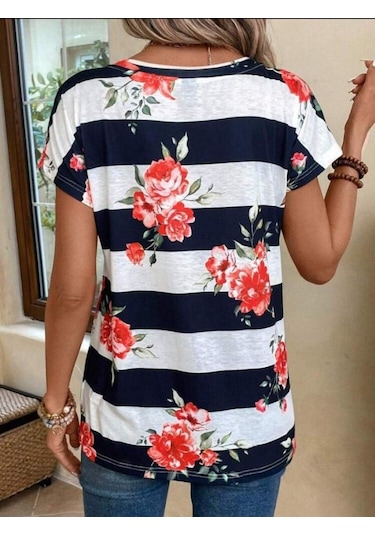Kadın Çiçek Desenli Yatay Şeritli Bisiklet Yaka Tişört S