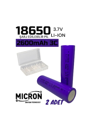 Micron INR18650E2600 2600 mAh 3.7 V 18650 Li-Ion Şarj Edilebilir Pil 2'li + Taşıma Kutusu