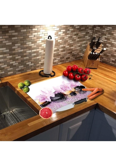 Dekoratif Cam Kesme Tahtası 30Cm X 40Cm Menekşeler