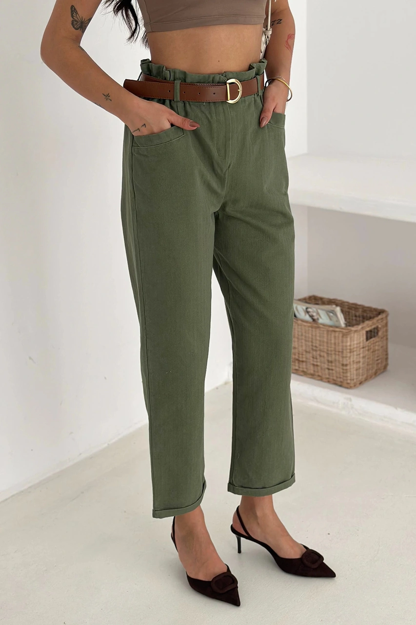 Yıkamalı Pamuk Yağmur Gabardin Yüksek Bel Pantolon Haki Haki